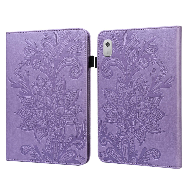 For Lenovo Tab M9 Lace Flower Embossing Pattern Leather Tablet Case(Purple)