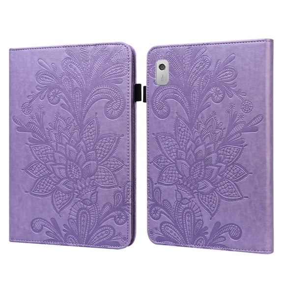 For Lenovo Tab M9 Lace Flower Embossing Pattern Leather Tablet Case(Purple)