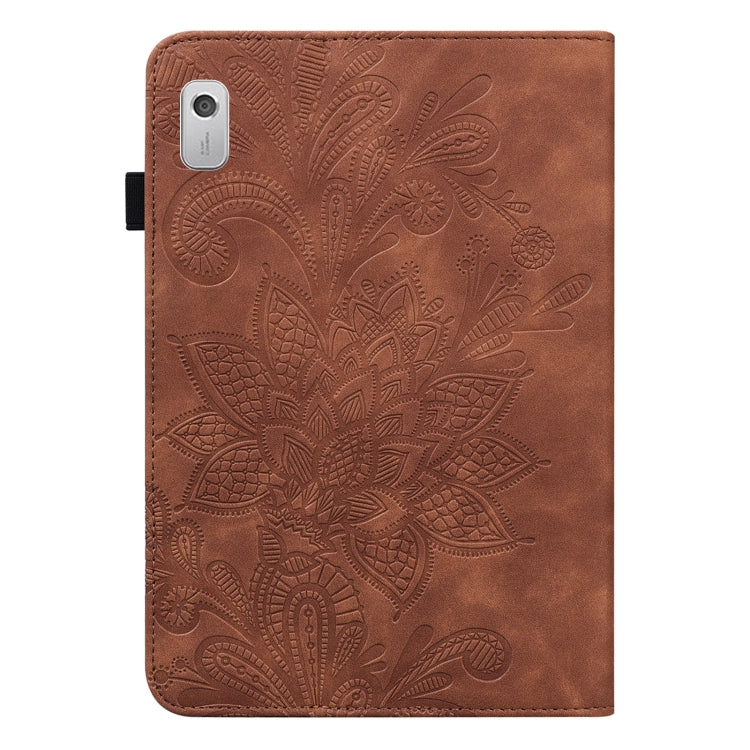 For Lenovo Tab M9 Lace Flower Embossing Pattern Leather Tablet Case(Brown)