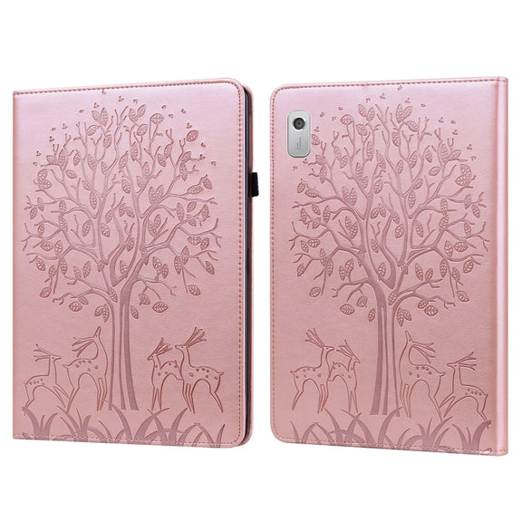 For Lenovo Tab M8 4th Gen TB-300FU Tree & Deer Pattern Embossed Leather Tablet Case(Pink)