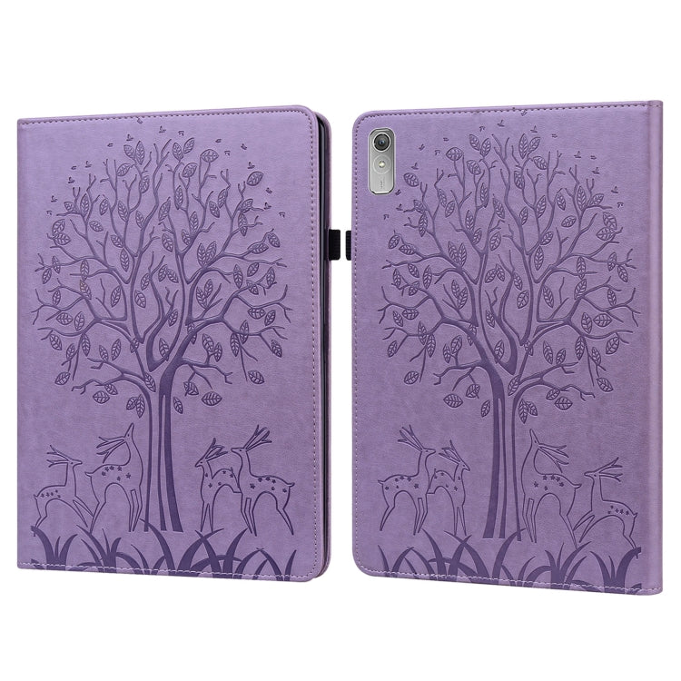 For Lenovo Tab P11 Gen 2 Tree & Deer Pattern Embossed Leather Tablet Case(Purple)