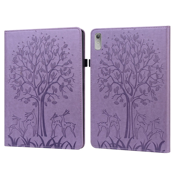For Lenovo Tab P11 Gen 2 Tree & Deer Pattern Embossed Leather Tablet Case(Purple)