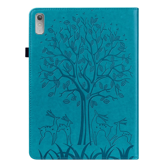For Lenovo Tab P11 Gen 2 Tree & Deer Pattern Embossed Leather Tablet Case(Blue)