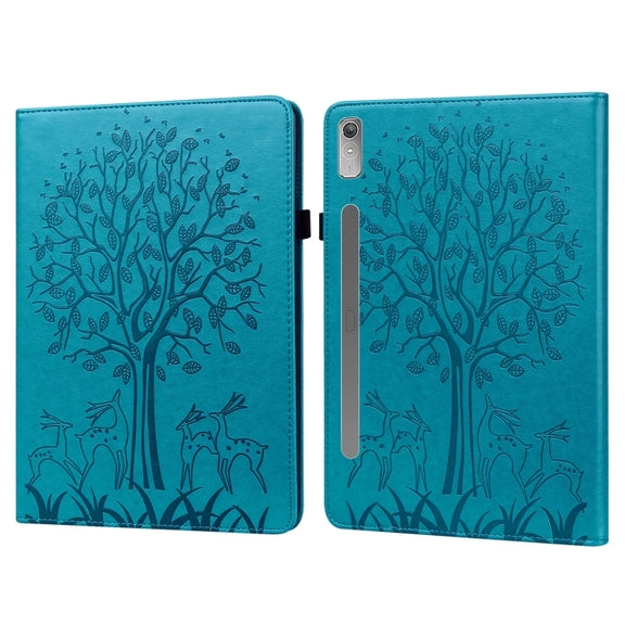 For Lenovo Tab P11 Pro Gen 2 Tree & Deer Pattern Embossed Leather Tablet Case(Blue)