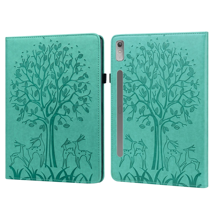 For Lenovo Tab P11 Pro Gen 2 Tree & Deer Pattern Embossed Leather Tablet Case(Green)