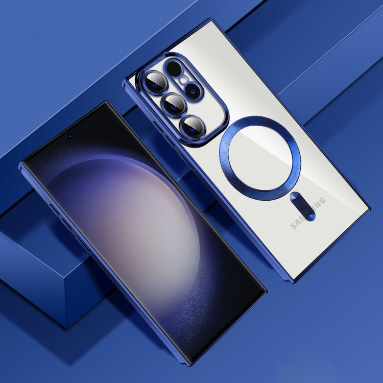 For Samsung Galaxy S23 Ultra 5G CD Texture Plating TPU MagSafe Phone Case with Lens Film(Royal Blue)