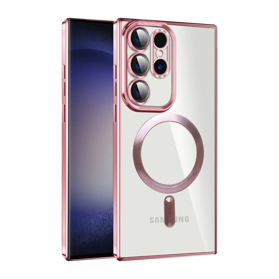 For Samsung Galaxy S23 Ultra 5G CD Texture Plating TPU MagSafe Phone Case with Lens Film(Pink)