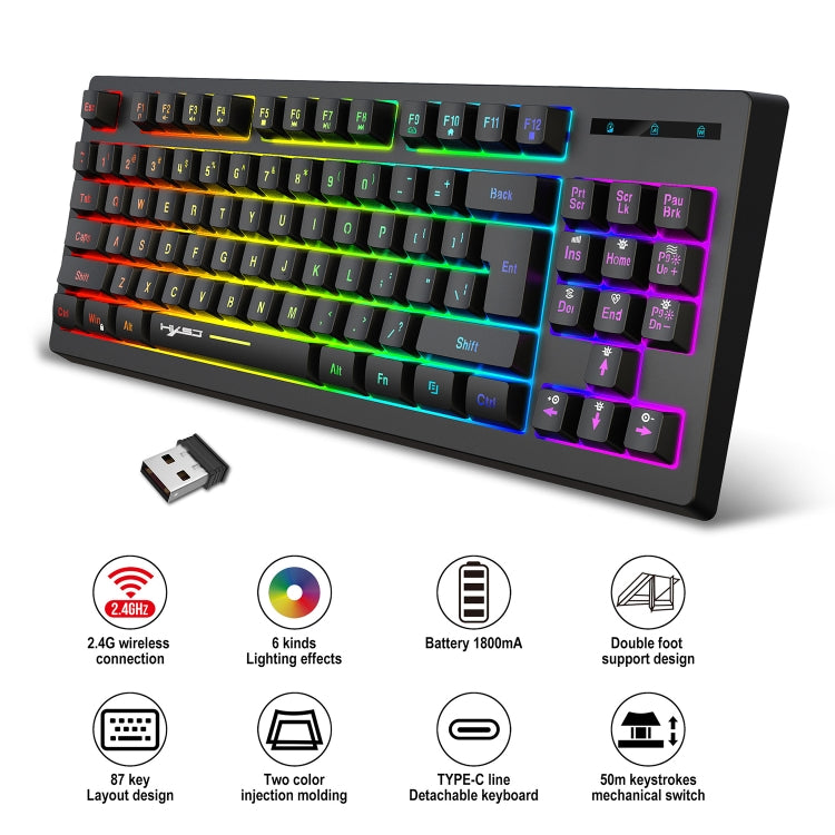 HXSJ L100 87 Keys RGB Backlit Film 2.4G Wireless Keyboard(Black)