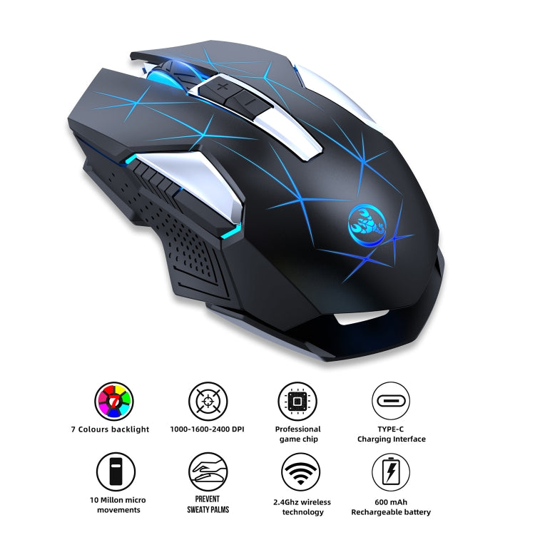 HXSJ T300 7 Keys 2400DPI 2.4G Colorful Luminous Wireless Mouse(Black)