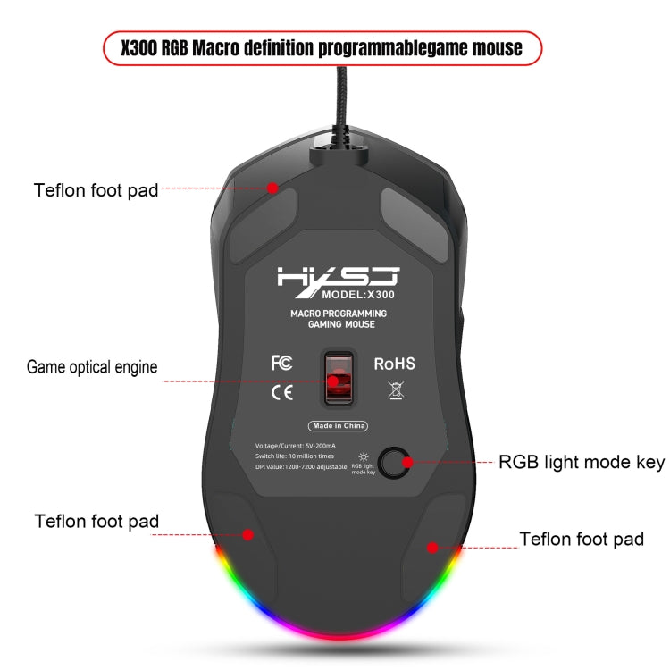 HXSJ X300 7200DPI RGB Backlight Interchangeable Back Cover Hole Gaming Wired Mouse(Black)