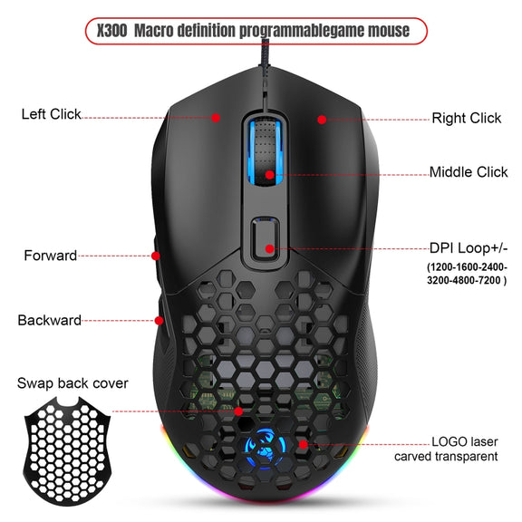 HXSJ X300 7200DPI RGB Backlight Interchangeable Back Cover Hole Gaming Wired Mouse(Black)