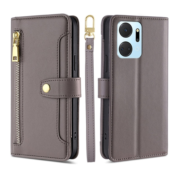 For Honor X7A Sheep Texture Cross-body Zipper Wallet Leather Phone Case(Grey)