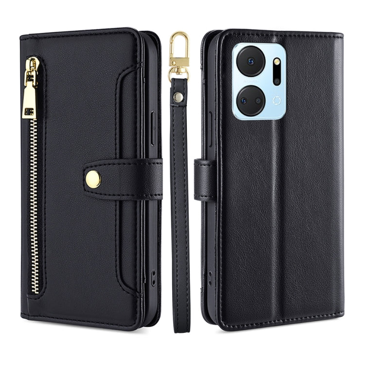 For Honor X7A Sheep Texture Cross-body Zipper Wallet Leather Phone Case(Black)
