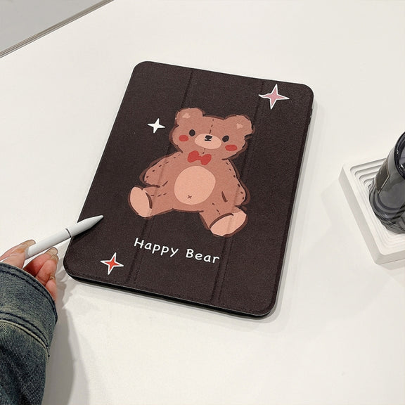 For iPad Air 11 2024 / iPad Pro 11 2022 / 2021 / 2020 / 2018 Acrylic Painted 3-fold Holder Leather Tablet Case(Happy Bear)