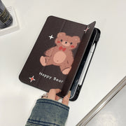 For iPad Air 11 2024 / iPad Pro 11 2022 / 2021 / 2020 / 2018 Acrylic Painted 3-fold Holder Leather Tablet Case(Happy Bear)