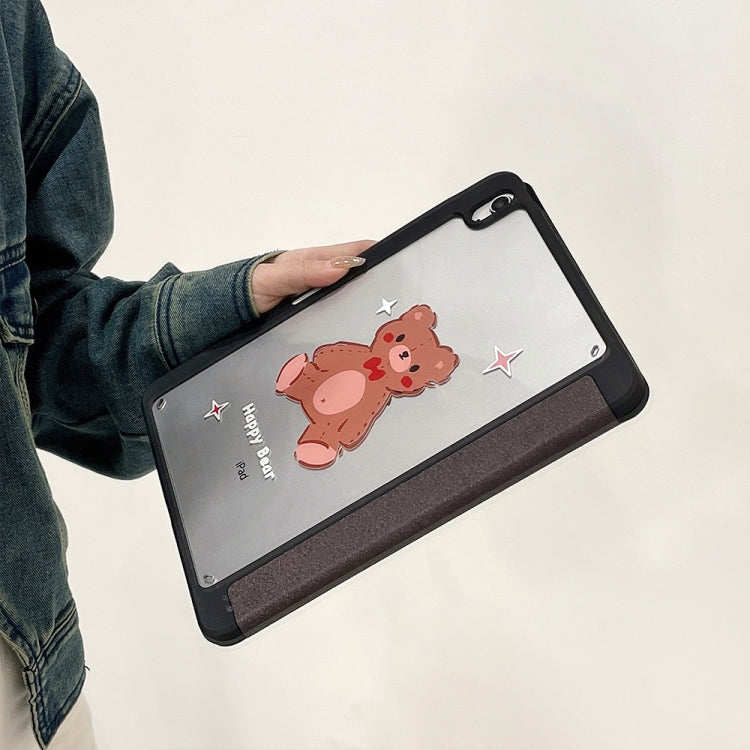 For iPad Air 11 2024 / iPad Pro 11 2022 / 2021 / 2020 / 2018 Acrylic Painted 3-fold Holder Leather Tablet Case(Happy Bear)