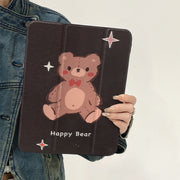 For iPad Air 11 2024 / iPad Pro 11 2022 / 2021 / 2020 / 2018 Acrylic Painted 3-fold Holder Leather Tablet Case(Happy Bear)