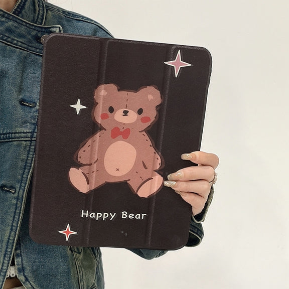 For iPad Air 11 2024 / iPad Pro 11 2022 / 2021 / 2020 / 2018 Acrylic Painted 3-fold Holder Leather Tablet Case(Happy Bear)