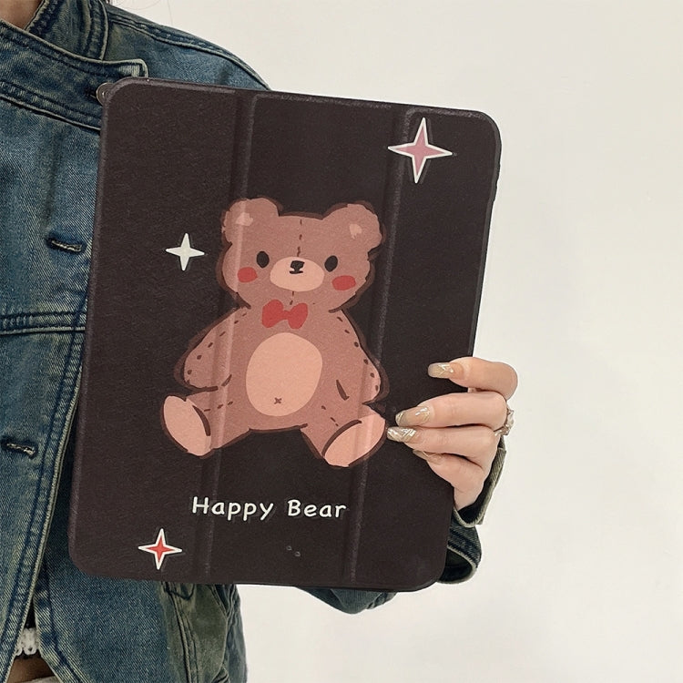 For iPad Air 11 2024 / iPad Pro 11 2022 / 2021 / 2020 / 2018 Acrylic Painted 3-fold Holder Leather Tablet Case(Happy Bear)