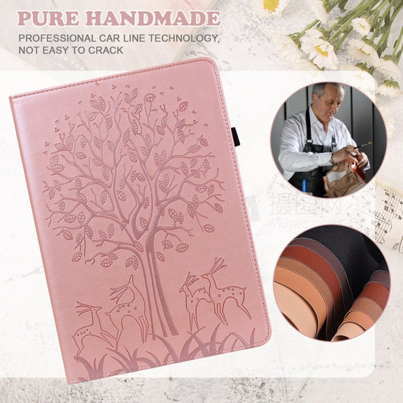 For Lenovo Tab M10 3rd Gen Tree & Deer Pattern Embossed Leather Tablet Case(Pink)