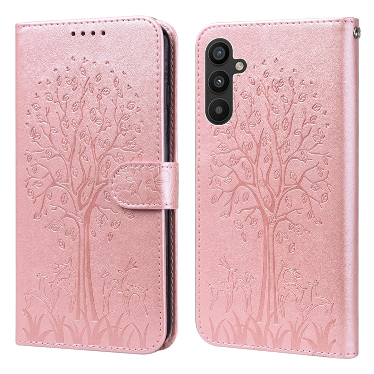 For Samsung Galaxy A34 5G Tree & Deer Pattern Pressed Printing Horizontal Flip Leather Phone Case(Pink)