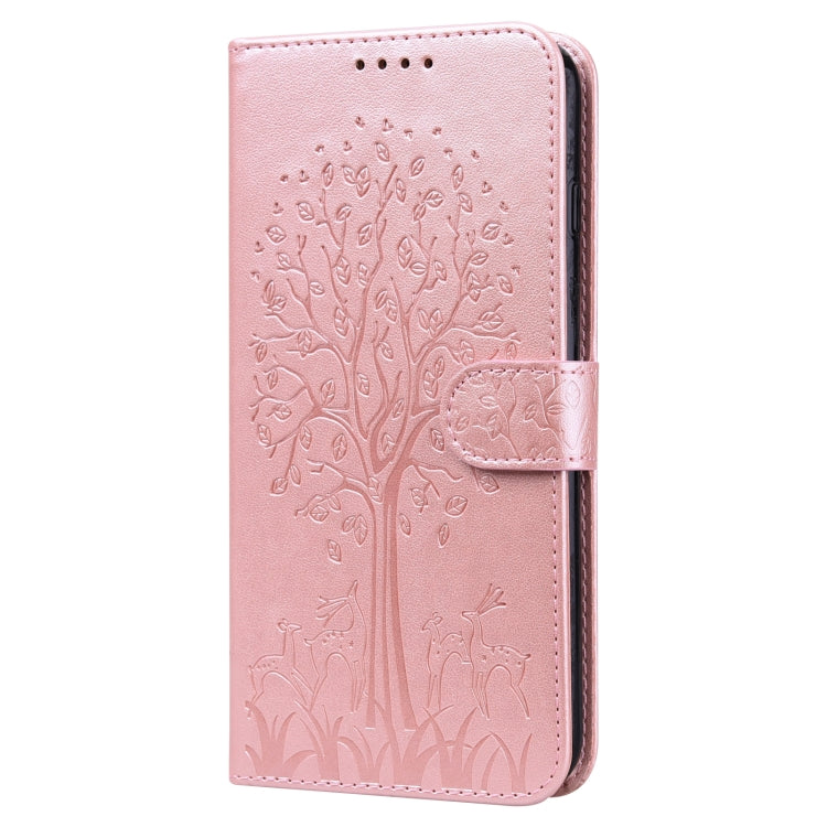 For Samsung Galaxy A34 5G Tree & Deer Pattern Pressed Printing Horizontal Flip Leather Phone Case(Pink)