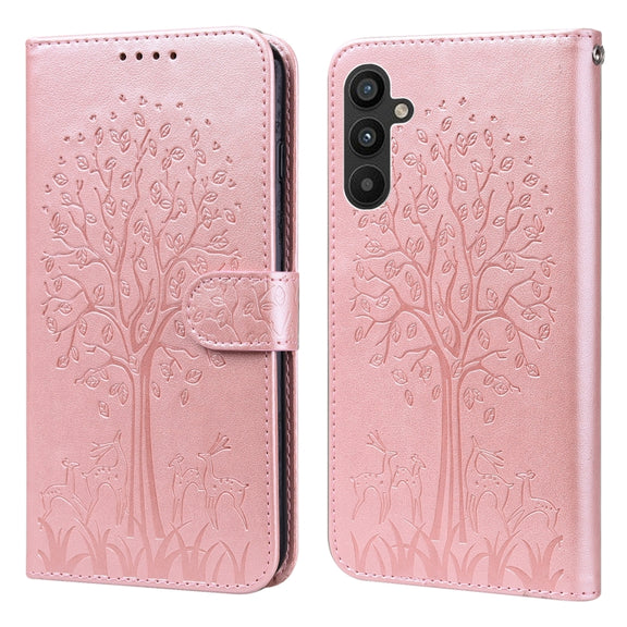For Samsung Galaxy A34 5G Tree & Deer Pattern Pressed Printing Horizontal Flip Leather Phone Case(Pink)