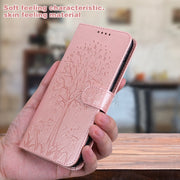 For Samsung Galaxy A34 5G Tree & Deer Pattern Pressed Printing Horizontal Flip Leather Phone Case(Pink)