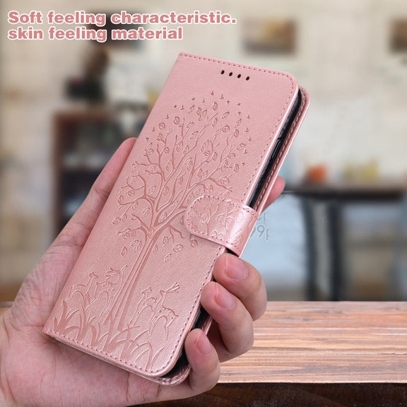 For Samsung Galaxy A34 5G Tree & Deer Pattern Pressed Printing Horizontal Flip Leather Phone Case(Pink)