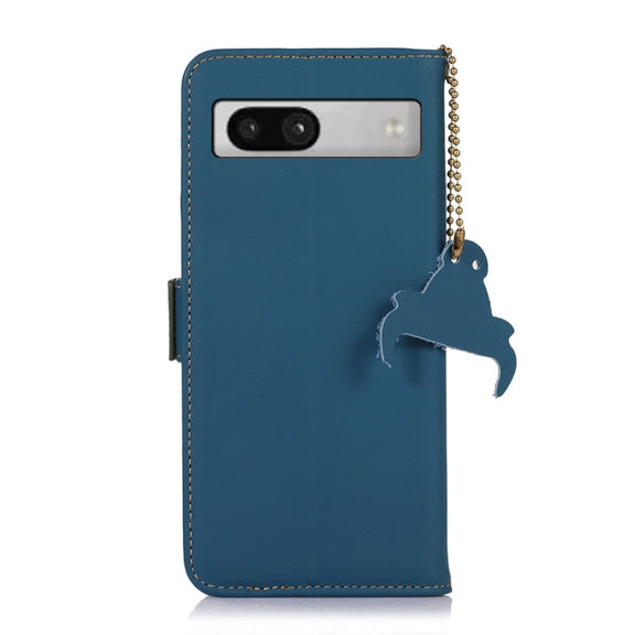 For Google Pixel 7a Genuine Leather Magnetic RFID Leather Phone Case(Blue)