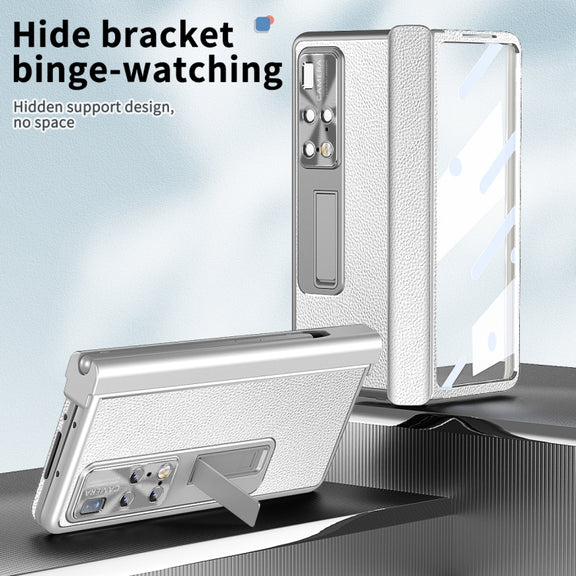 For Huawei Mate X2 Litchi Pattern Magnetic Shell Film Integrated Shockproof Phone Case(Silver)
