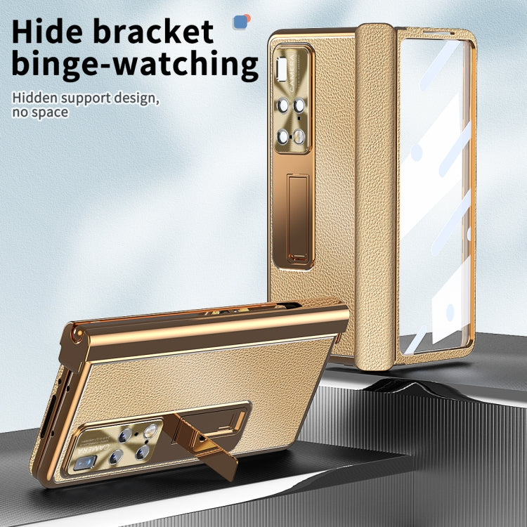 For Huawei Mate X2 Litchi Pattern Magnetic Shell Film Integrated Shockproof Phone Case(Gold)