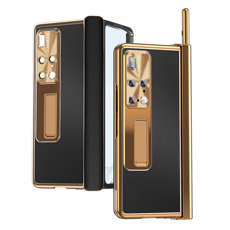 For Huawei Mate X2 Litchi Pattern Magnetic Shell Film Integrated Shockproof Phone Case(Black Gold)