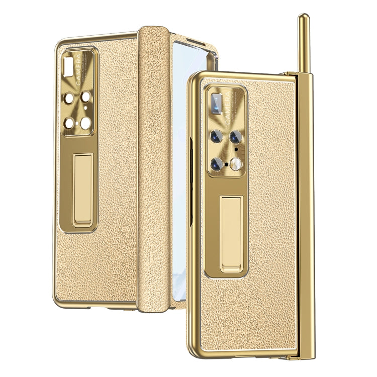 For Huawei Mate X2 Litchi Pattern Magnetic Shell Film Integrated Shockproof Phone Case(Champagne Gold)