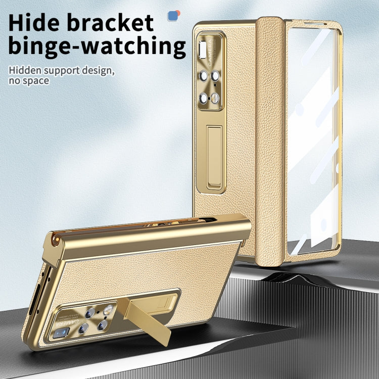 For Huawei Mate X2 Litchi Pattern Magnetic Shell Film Integrated Shockproof Phone Case(Champagne Gold)