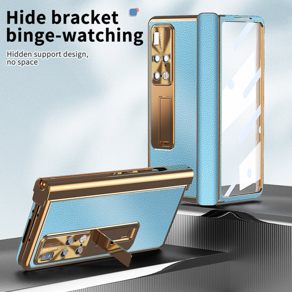 For Huawei Mate X2 Litchi Pattern Magnetic Shell Film Integrated Shockproof Phone Case(Blue Gold)