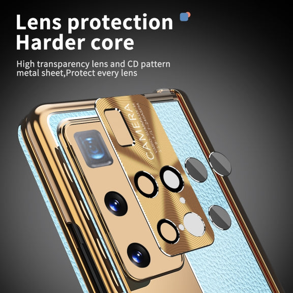For Huawei Mate X2 Litchi Pattern Magnetic Shell Film Integrated Shockproof Phone Case(Blue Gold)
