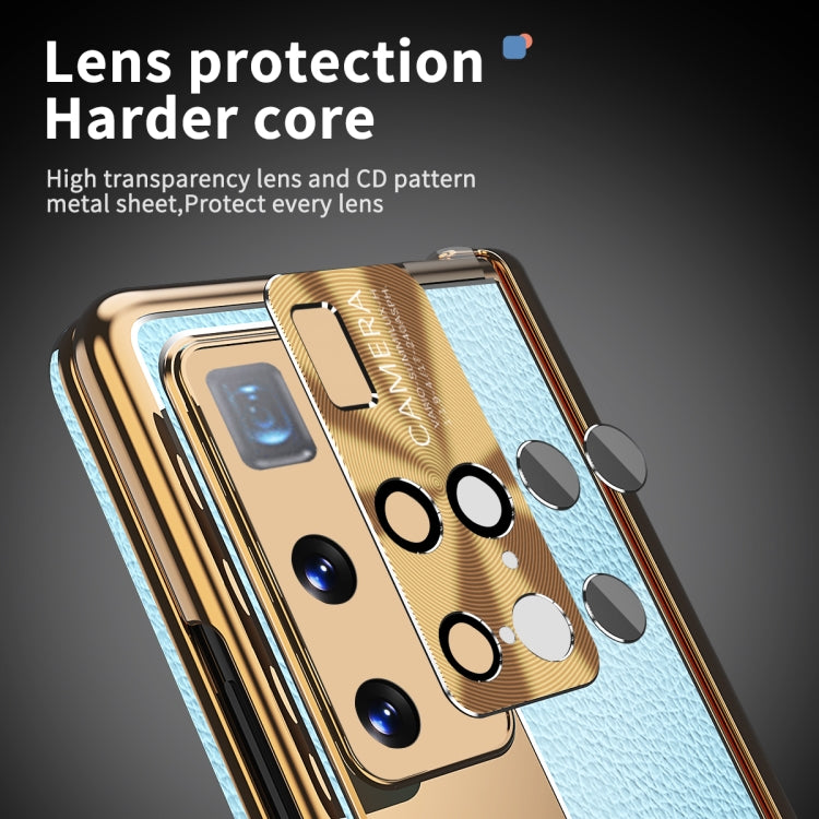 For Huawei Mate X2 Litchi Pattern Magnetic Shell Film Integrated Shockproof Phone Case(Blue Gold)