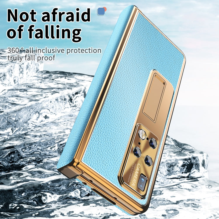 For Huawei Mate X2 Litchi Pattern Magnetic Shell Film Integrated Shockproof Phone Case(Blue Gold)