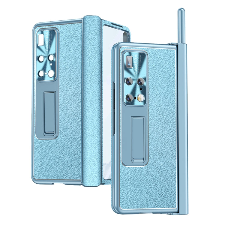 For Huawei Mate X2 Litchi Pattern Magnetic Shell Film Integrated Shockproof Phone Case(Far Peak Blue)