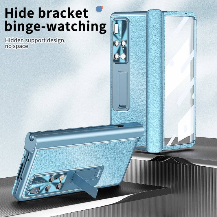 For Huawei Mate X2 Litchi Pattern Magnetic Shell Film Integrated Shockproof Phone Case(Far Peak Blue)