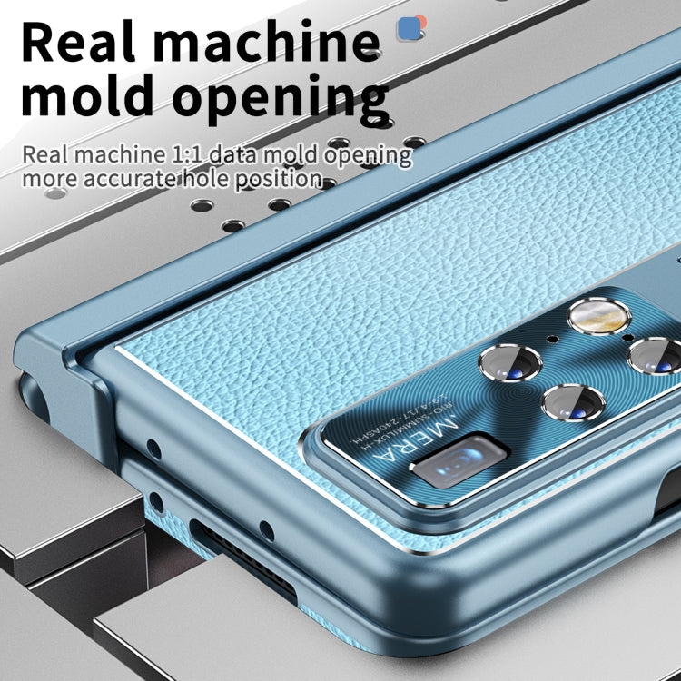 For Huawei Mate X2 Litchi Pattern Magnetic Shell Film Integrated Shockproof Phone Case(Far Peak Blue)