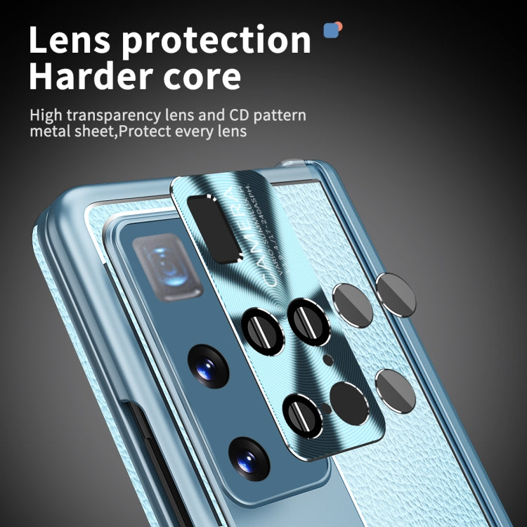 For Huawei Mate X2 Litchi Pattern Magnetic Shell Film Integrated Shockproof Phone Case(Far Peak Blue)