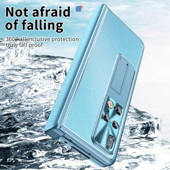 For Huawei Mate X2 Litchi Pattern Magnetic Shell Film Integrated Shockproof Phone Case(Far Peak Blue)