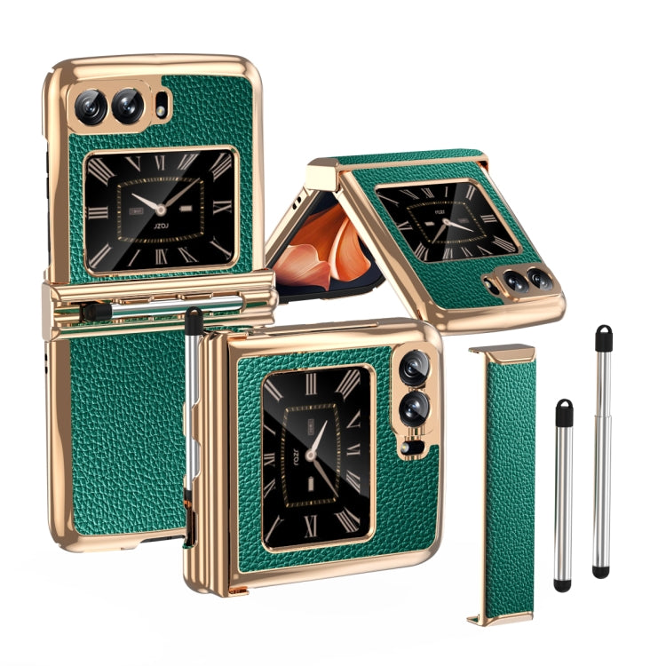 For Motorola Razr 2022 Foldable Electroplated Plain Leather Phone Case with Stylus(Emeralds)