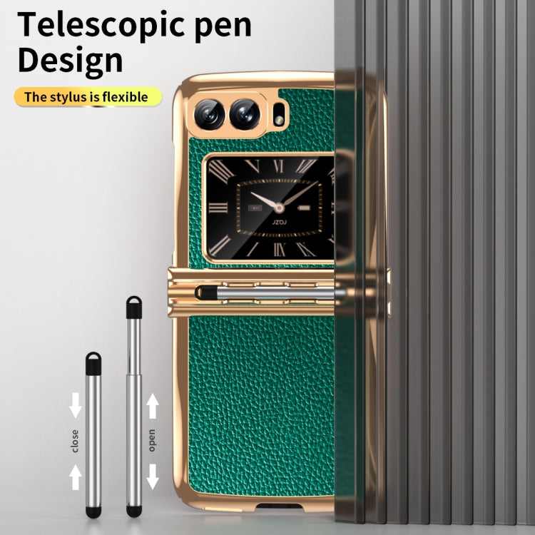 For Motorola Razr 2022 Foldable Electroplated Plain Leather Phone Case with Stylus(Emeralds)