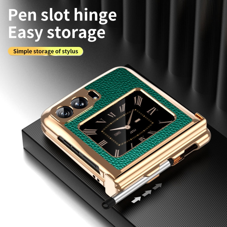 For Motorola Razr 2022 Foldable Electroplated Plain Leather Phone Case with Stylus(Emeralds)