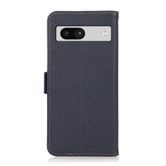 For Google Pixel 7A KHAZNEH Side-Magnetic Litchi Genuine Leather RFID Phone Case(Blue)