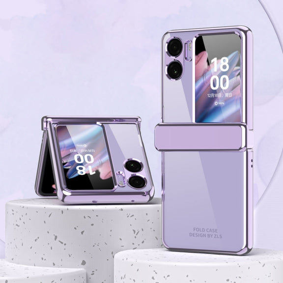 For OPPO Find N2 Flip Electroplating Frame Transparent Phone Case with Ring(Champagne Gold)