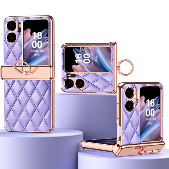 For OPPO Find N2 Flip Rhombus Pattern Electroplated Plain Leather Magnetic Phone Case with Ring(Purple)